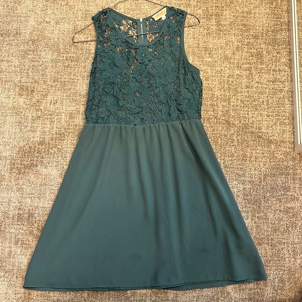 Teal flowy dress with lace-floral top and open back size small